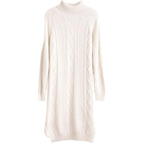 Merino wool sweater dress women knitted striped length cable pile neck pullover turtleneck Fall winter thick tops
