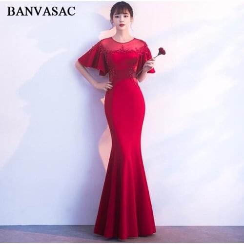 BANVASAC 2018 O Neck Lace Appliques Mermaid Long Evening Dresses Party Ruffles Short Sleeve Open Back Prom Gowns