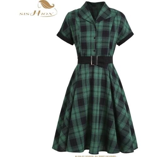SISHION Green Yellow Red Plaid Dress 50s 60s Retro Vintage Turn-down Collar Belt Women A-Line Casual Party Dress VD1331