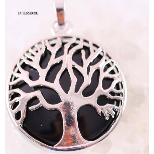 Silver Color Tree of life Round Natural Stone Bead Black Onyx Necklace Pendant 1Pcs K415