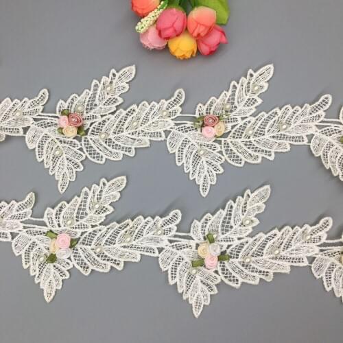 12x 3D Leaves Colorful Pearl Flower Apricot Embroidered Net Lace Trim Ribbon French Fabric Handmade Wedding Dress Sewing Craft