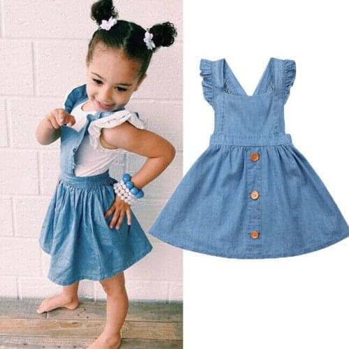 Free shipping Toddler Baby Dress Denim Kids Girls Princess Straps Button Backless Dress Blue