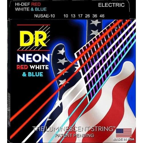 DR K3 Hi-def Neon Red White Blue USA Flag Luminescent Electric Guitar Strings, Light 09-42 or Medium 10-46