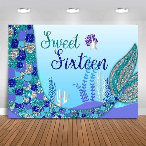 Mocsicka Sweet Sixteet Mermaid Backdrop Happy 16th Birthday Party Decoration Background Under The Sea Blue Photo Backdorps