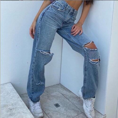 Cotton High Waist Ripped Holes Baggy Y2K Women Jeans Vintage Wide Leg Denim Pants Lady Aesthetic Trousers Streetwear Jeans Pants
