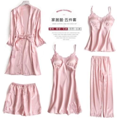 Women Pajamas 5 Pieces Satin Pajamas Sets Sleepwear Silk Home Wear Embroidery Sleep Lounge Lace Pyjama with Chest Pads