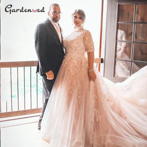 Plus Size Ivory Lace Wedding Dress 2020 Tulle Applique Backless Scoop Wedding Dresses Long Train Bride Dress Wedding Gowns