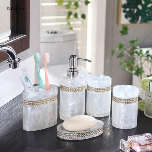 Pearl Texture Bathroom Set Resin Soap Dispenser Toothbrush Holder Soap Dish Mouthwash Cup Home Bath Accessories Five Piece Set