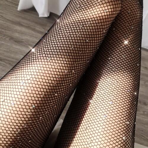New Sexy Lingerie Sexy Open Crotch Fishnet Tights Women Fashion Shiny Net Tights Female Slim Rhinestone Mesh Stockings Tights