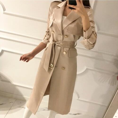 2021 autumn coat trendy temperament vertical heavy feeling medium and long double breasted acetate Satin high-end windbreaker