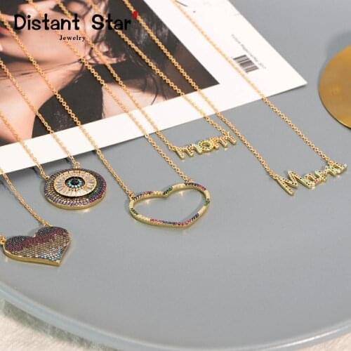 Womens initial cz necklace rainbow zircon eye heart copper pendent necklace jewelry for women chain moms gift Mothers Day