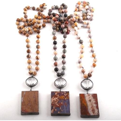 Fashion Bohemian Tribal Jewelry Natural Stone Rosary Chain Rectangle Ag Stone Pendant Necklaces For Women Beads Necklace