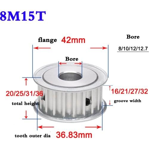 1Pcs 8M 15 Tooth 16 Tooth Synchronous Wheel Timing Belt Synchronous Gear Motor Width 16-32mm Bore 8/10/12mm