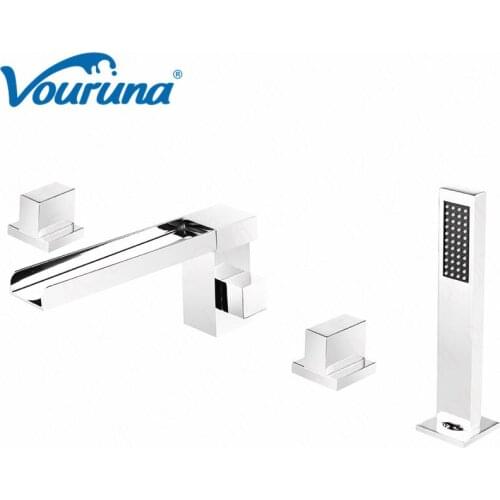 VOURUNA Luxury Solid Brass Chrome Finished 4-Hole Waterfall Tub Shower Mixer Faucet Bath Filler Tap