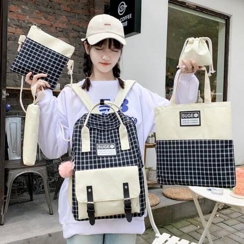 5 Piece Set Backpack Cute New School Bags For Teenage Girls Women Backpack Canvas Travel Shoulder Bag Student Cute Kids Rucksack