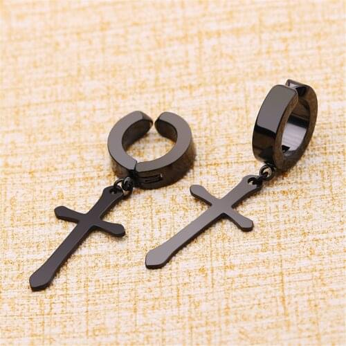 1pair Stainless Steel Earrings Men Women Fashion Hiphop Rock Style Cross Dangle Hoop Clip On Earrings Non-piercing Ear Cuff Clip