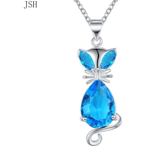 925 sterling silver For women lady fashion CZ STONE Zircon wedding elegant kitten red blue crystal chain 45cm charms Gift cute
