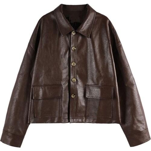 2021 New brown PU Leather Short Jackets Women Long Sleeve Lapel Button Jacket Coat with Pockets Spring Autumn Outerwear Female