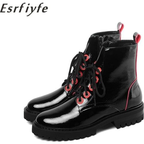 ESRFIYFE Martin Boots Female 2020 Autumn New Microfiber Women Booties Lace Up Black Winter Women Ankle Shoes Thick Heel Shoes