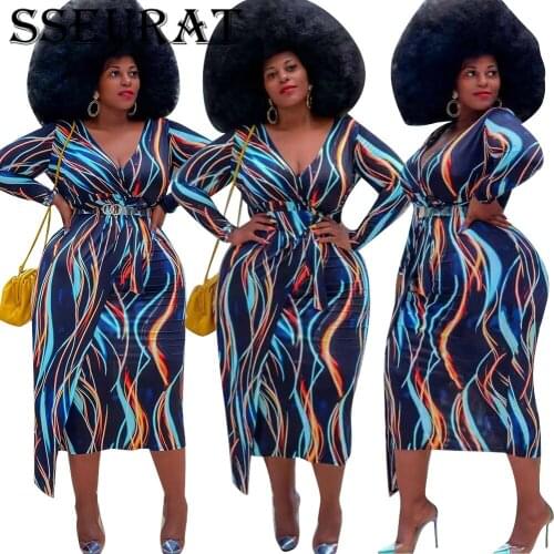 SSEURAT Women Plus Size Dress Print Full Sleeve V-neck Skinny Pencil Dresses Sexy Vestidos Autumn