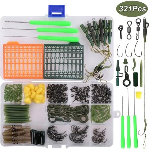 321Pcs/Box Carp Fishing Tackle Kit Including Anti Tangle Sleeves Hook Stop Beads Boilie Bait Screw Rolling Swivel Hair Rigs Tool