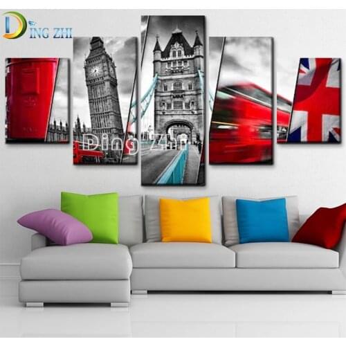 5 Panel UK Flag And Europe Architectural Diamond Painting Home Wall Decor City Landscape Red Bus Diamond Embroidery Mosaic Gift