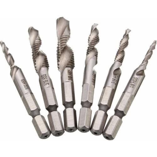 6Pcs/set 1/4 Hex Shank High Speed Steel Spiral Screw Thread Taps Drill Bits Set