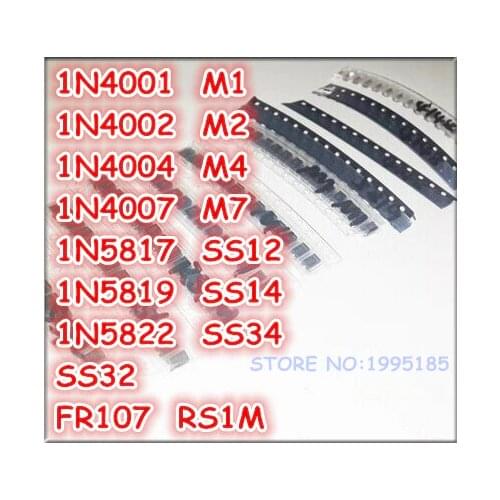 9kinds*20pcs=180pcs/lot SMD diode package / M1 M2 M4 M7 SS12 SS14 SS34 SS54 FR107