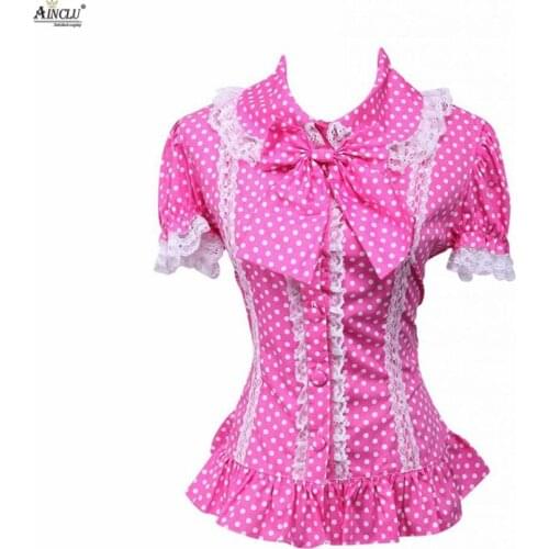 Ainclu XS To XXL Free Shipping Cemavin Womens Cotton Pink Lace Short Sleeves Lady Lolita Cotton Blouse for Party/Halloween