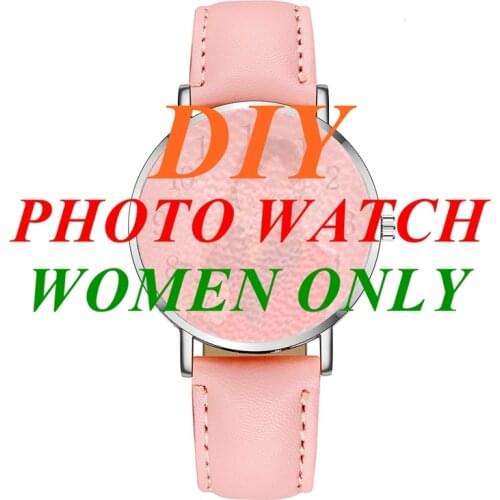 Women Only) Custom Photo Watches, Kids, Pet Pictures Commemorative Quartz Wristwatches Silver Case Pink Leather Watchband