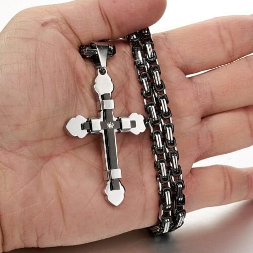 Hot Sale Stainless Steel Silver Color&Black Christian Crystal Cross Pendant With Byzantine Chain Necklace Mens Womens Jewelry
