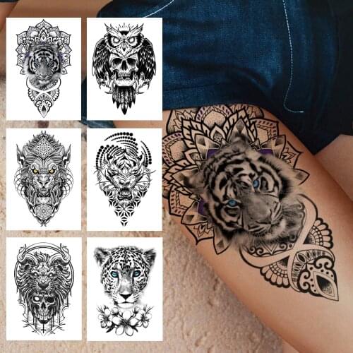 Henna Tiger Temporary Tattoo For Women Men Kids Adult Black Skull Demon Tattoos Sticker Fake Monster Skeleton Thigh Tatoos Paper