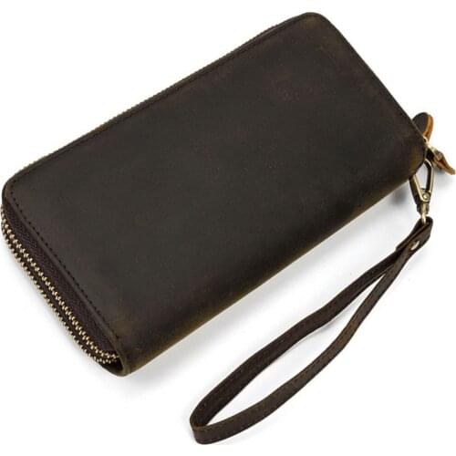 Mens Top Long Style Cowhide Wallet Vintage Style Minimal Genuine Leather Card Holder Business Clutch Bag Large Hand Clutch