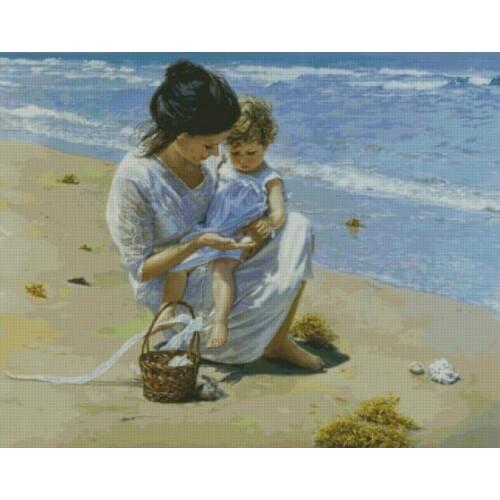 Seaside Mother and Daughter Scenery Beach Needlework,14CT Embroidery,DIY Cross stitch kits,Art Pattern Cross-Stitching Decor