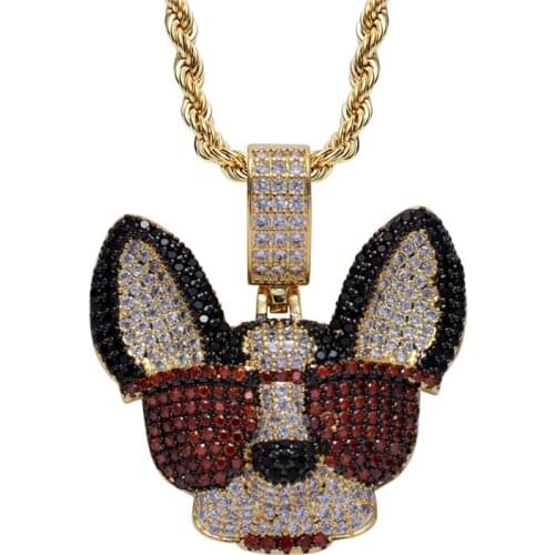 Cool Iced Out Bling Cubic Zircon Sunglasses Chihuahua Pendant Hip Hop Animal Jewelry For Men Best Gift
