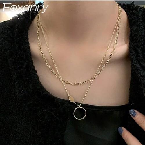 Foxanry 925 Sterling Silver Sweater Necklace New Fashion Vintage France Gold Plated Double-layered Chain Elegant Party Jewelry