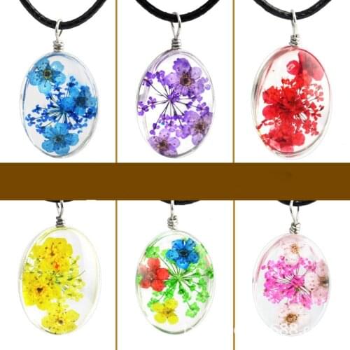 Handmade Transparent Glass Ellipse Pendant Necklace Dried Flower Permanent Preservation Women Jewelry Fashion Wax Rope Necklace