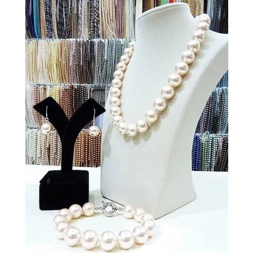 Hand knotted 14mm white gray black brown gold purple sea shell pearl necklace bracelet earrings set fashion jewellery #2