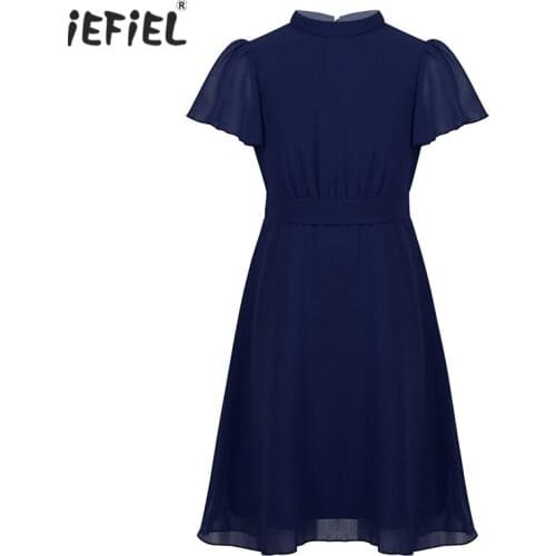 IEFiEL Kids Girls Ruffled Short Sleeves See-Through Split Back A-line Chiffon Dress Vestidos Summer Casual Party Princess Dress
