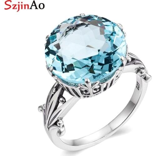 SzjinAo Handmade Round Aquamarine Rings For Women solid 925 Sterling Silver March Birthstone Luxury Wedding Anniversary Jewelry