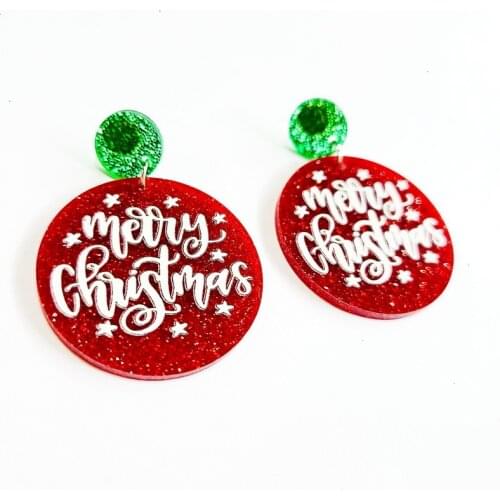Amazing Lovely Merry Christmas Acrylic Earrings for Female Simple English Letters Shiny Big Circle Geometric Dangle Earrings