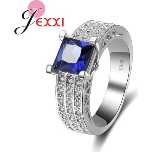 Unisex Style Men Women Trendy Full Rhinestone Finger Rings Square Cut Dark Blue Crystal Stamp Silver Rings