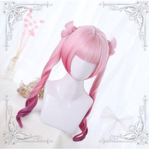 High Quality Lolita Pink Gradual Change Female Wig Tiger Mouth Clip Double Ponytail Long Curly Hair Cosplay Party