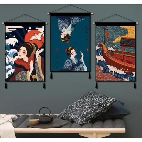 Japanese Ukiyoe Canvas Scroll Paintings Wall Art Room Decor Aesthetic Posters Sushi Restaurant Decoration Wood Hanging Tapestry
