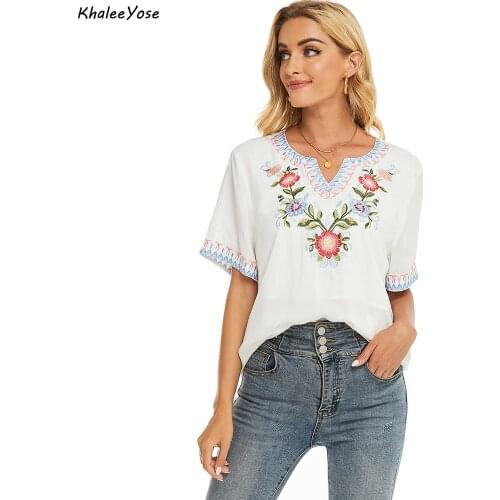 KHALEE YOSE Floral Embroidery Blouse Shirt White Cotton Summer Mexican Women Shirt Plus Size Oversized 2xl Ethnic Ladies Shirt