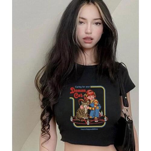 Summer Demon Cat Graphic Letter Print Sexy T Shirt Women Harajuku Aesthetic Short Black Cartoon Tshirt Fashion T-shirt Crop Top