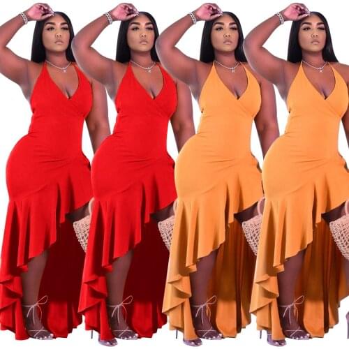 2021 Spring and Summer New Fashion High and Low Long Skirt Deep V-Neck Irregular Sexy Suspender Dress Casual