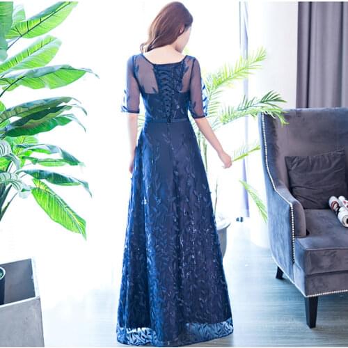 Vestidos elegantes evening dresses long 2020 Lace Up O Neck Navy A-line Lace Up Sleeves half Formal Gown Party Dress