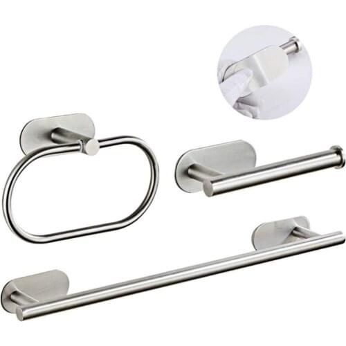 3 Pieces Stainless Steel Bathroom Hardware Set Adhesive Towel Bar Accessory Set Hand Towel Bar Toilet Paper Holder Towel Ring