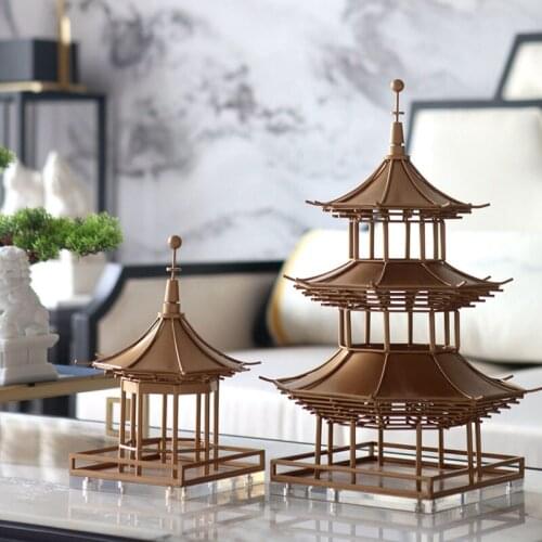 Chinese Zen Home Living Room Entrance Metal Ancient Architecture Pavilion Accessories Exhibition Hotel Villa Soft Decor Ornament